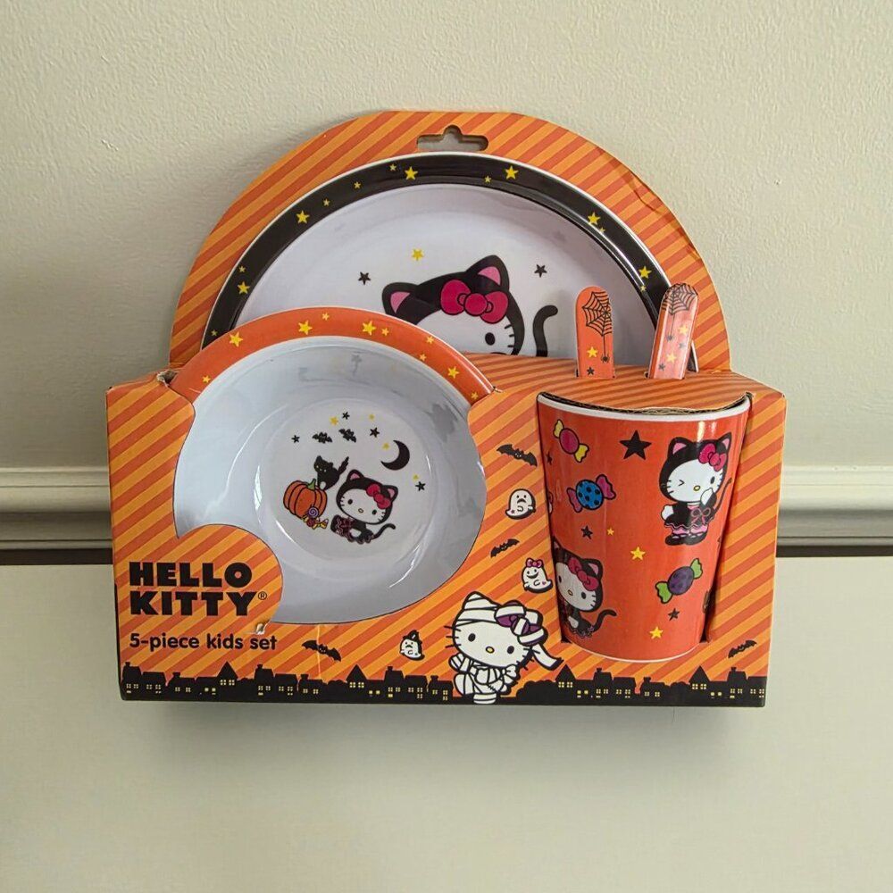 Hello kitty kid's 5 piece dinnerware set - melamine plate, bowl, cup, utensil